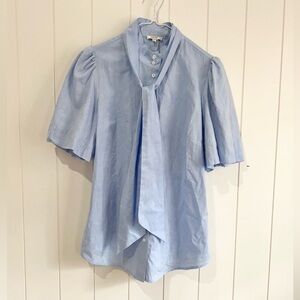 Tyler Boe Top Button up Neck Tie puff sleeves career office size M Blue